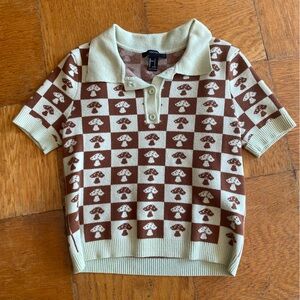 Green & Brown Checker Mushroom Crop Polo Knit Tee